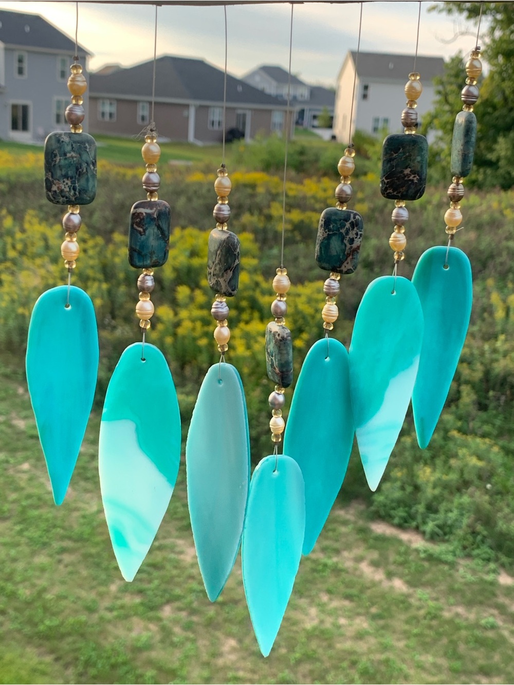 Turquoise Artisian Glass Leaf Drop Wind Chimes Handmade w bead/stones